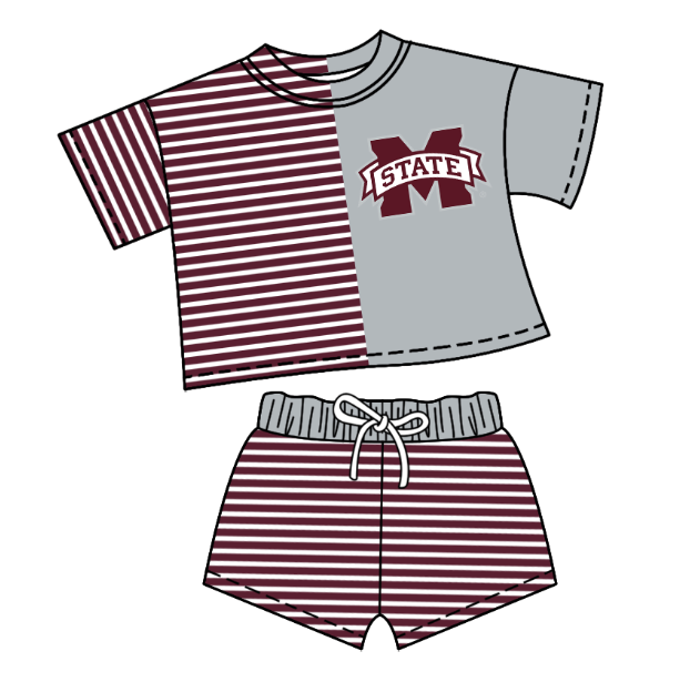 CUSTOM MOQ 5 Baby Kids Summer Grey M Stripe Top Shorts Clothes Sets