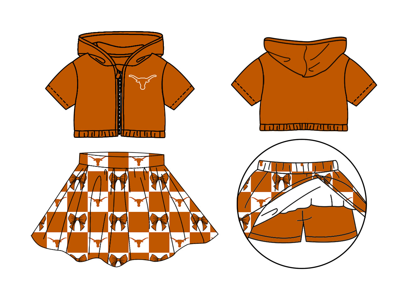 CUSTOM MOQ 5 Sibing Kids Clothing for Girls Baby Girls Orange Bow Top Skirts Yoga Active Team Clothes Sets Knee Length Dress Shorts