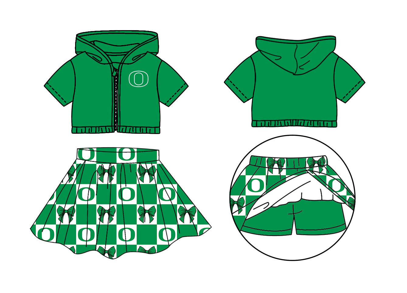 CUSTOM MOQ 5 Sibing Kids Clothing for Girls Baby Girls Green Bow Top Skirts Yoga Active Team Clothes Sets Knee Length Dress Shorts
