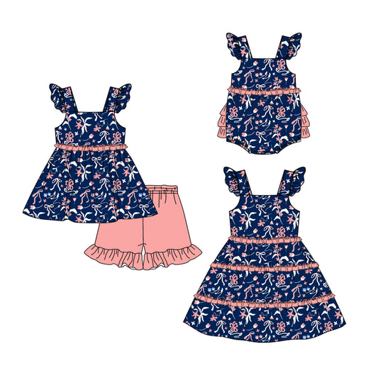 CUSTOM MOQ 5 Sibling Baby Girls Pink Bow Sleeveless Tunic Ruffle Shorts Clothes Set Knee Length Dress Rompers