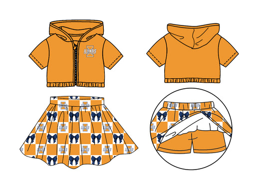 CUSTOM MOQ 5 Kids Clothing for Girls Baby Girls Orange Bow Hoodie Top Skirt Team Clothes Sets