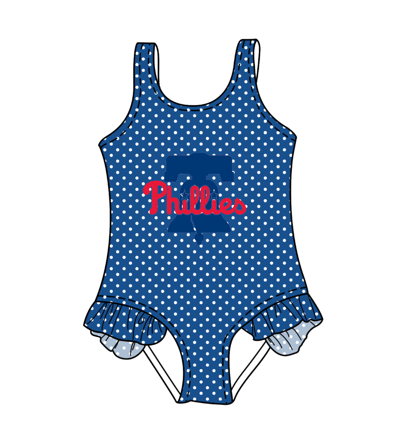 CUSTOM MOQ 5 Cute Comfortable Clothing For Kids Baby Girls Blue Polka Dots Ruffle Team One Piece Swimsuits