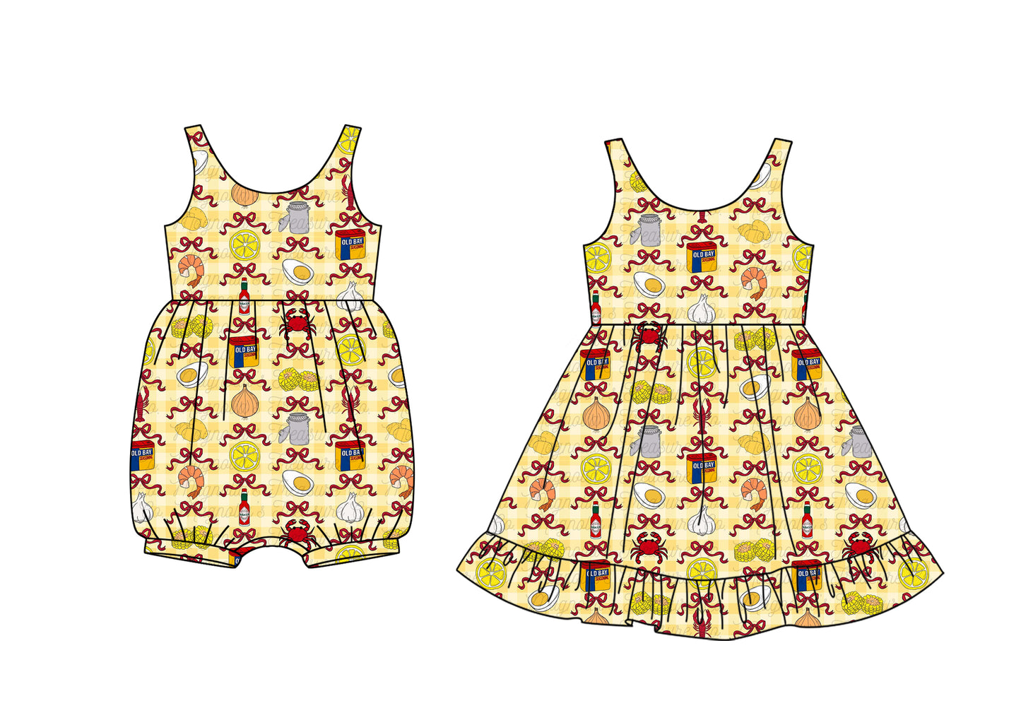 CUSTOM MOQ 5 Sibling Baby Girls Summer Yellow Carb Eggs Sleeveless Knee Length Dress Rompers