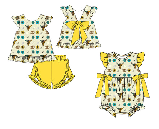 CUSTOM MOQ 5 Sibling Baby Girls Yellow Cow Flowers Checked Tunic Ruffle Shorts Clothes Set Rompers