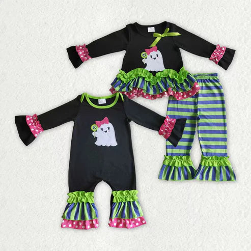 9.19 RTS Sibling Baby Girls Green Stripe Embroidery Ghost Tunic Ruffle Pants Halloween Clothes Sets Rompers