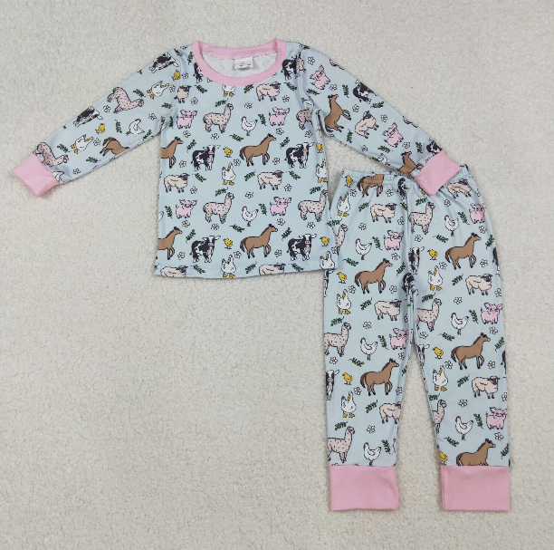 RTS NO MOQ Sibling milk silk Baby Girls Cute Farm Animal Cow Chick Long Sleeve Top Elastic Waist Pants Sleep Set Two Way Zip Convertible Rompers