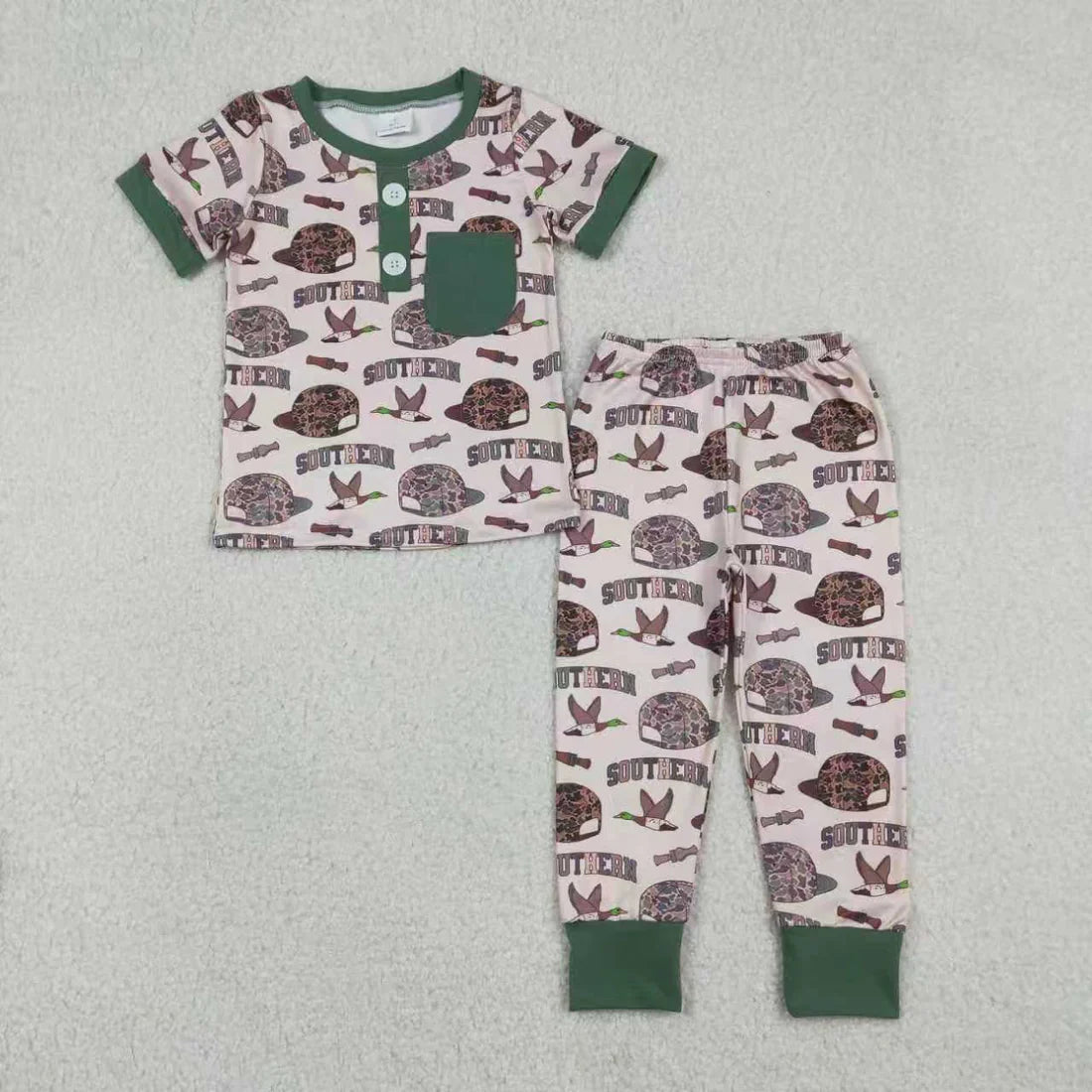 12.23 RTS Sibling Baby Boys Camo Hats Ducks Top Pants Southern Pajamas Set Zipper Rompers
