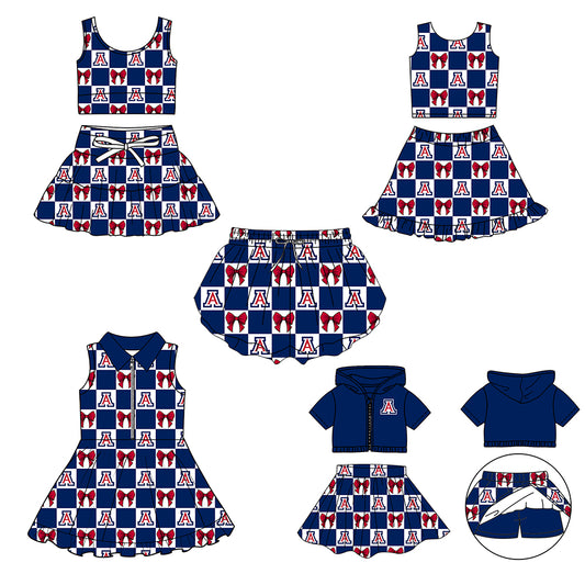 CUSTOM MOQ 5 Sibing Kids Clothing for Girls Baby Girls Blue A Bow Top Skirts Yoga Active Team Clothes Sets Knee Length Dress Shorts