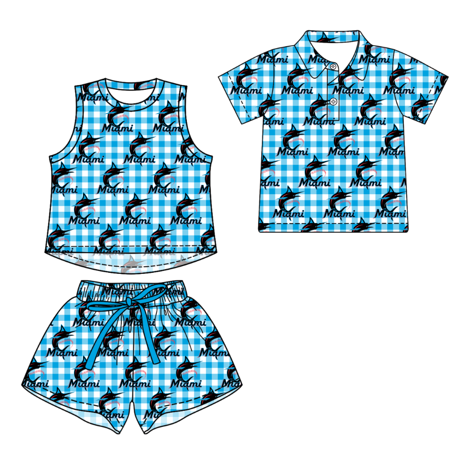 3.14 CUSTOM MOQ 5 Sibling Boys Baby Girls Summer Fashion Dark Blue Check Sleeveless Top Shorts Button Polo Shirts Team Clothes Sets