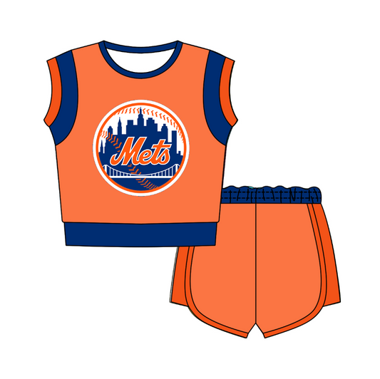 CUSTOM MOQ 5 Cute Comfortable Clothing For Kids Baby Kids Summer Orange Met Sleeveless Patchwork Top Lace-up Shorts Clothes Sets