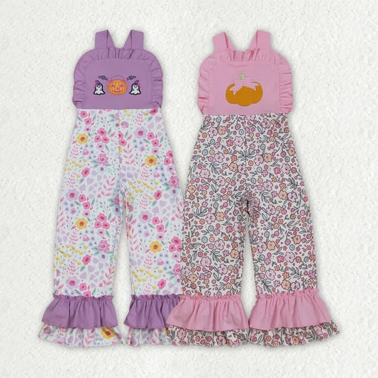 9.29 RTS Sibling Embroidery Ghost Pumpkins Baby Girls Strap Floral Fall Halloween Ruffle Jumpsuits