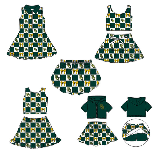 CUSTOM MOQ 5 Sibing Kids Clothing for Girls Baby Girls Green Bow Top Skirts Yoga Active Team Clothes Sets Knee Length Dress Shorts