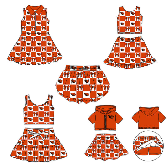 CUSTOM MOQ 5 Sibing Kids Clothing for Girls Baby Girls Orange Bow Top Skirts Yoga Active Team Clothes Sets Knee Length Dress Shorts