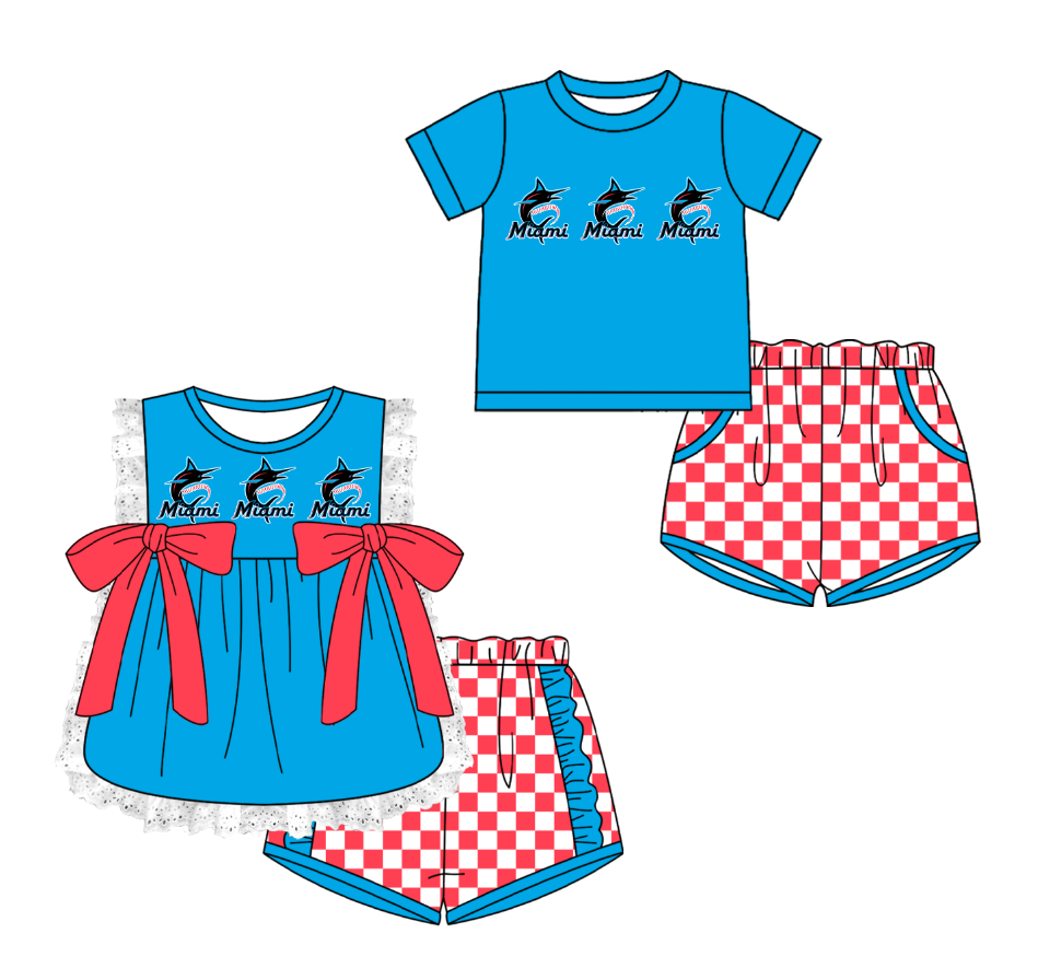 CUSTOM MOQ 5 Cute Comfortable Clothing For Kids Sibling Boys Baby Girls Summer Sky Blue Bow Top Red Checked Shorts Team Clothes Sets
