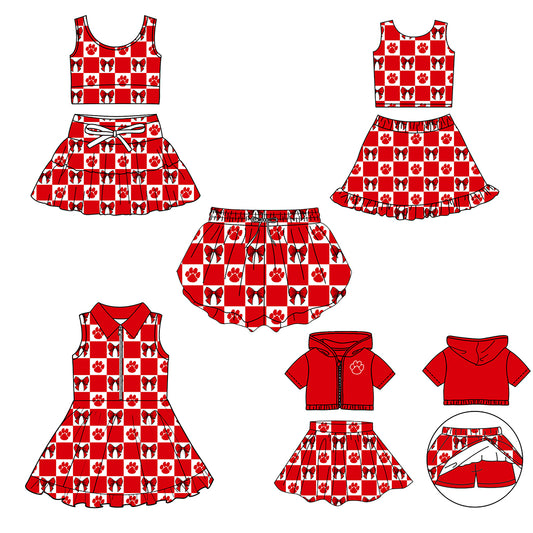 CUSTOM MOQ 5 Sibing Kids Clothing for Girls Baby Girls Bright Red Bow Top Skirts Yoga Active Team Clothes Sets Knee Length Dress Shorts