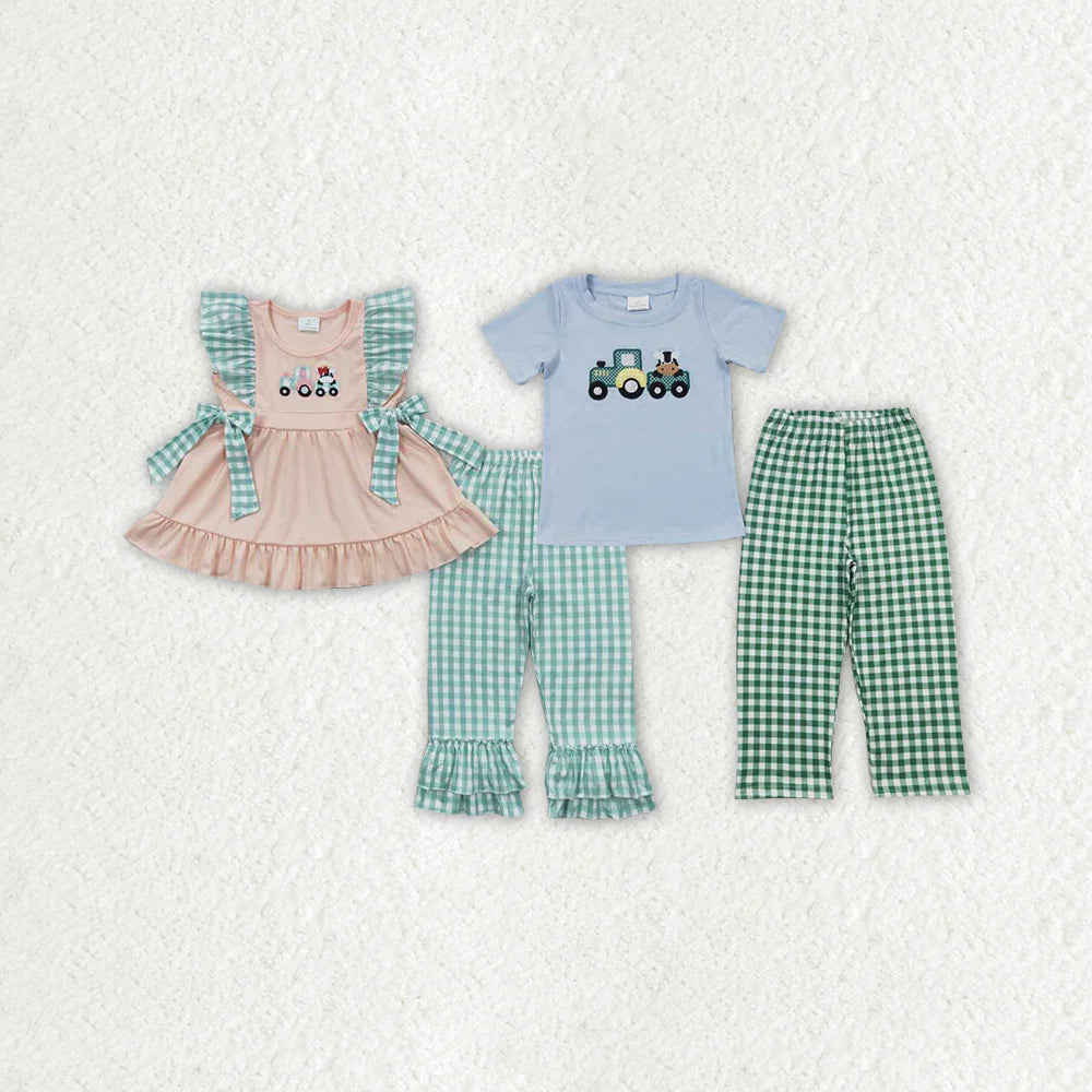 1.13 RTS Sibling Baby Girls Tractor Cow Pants Farm Clothes Sets