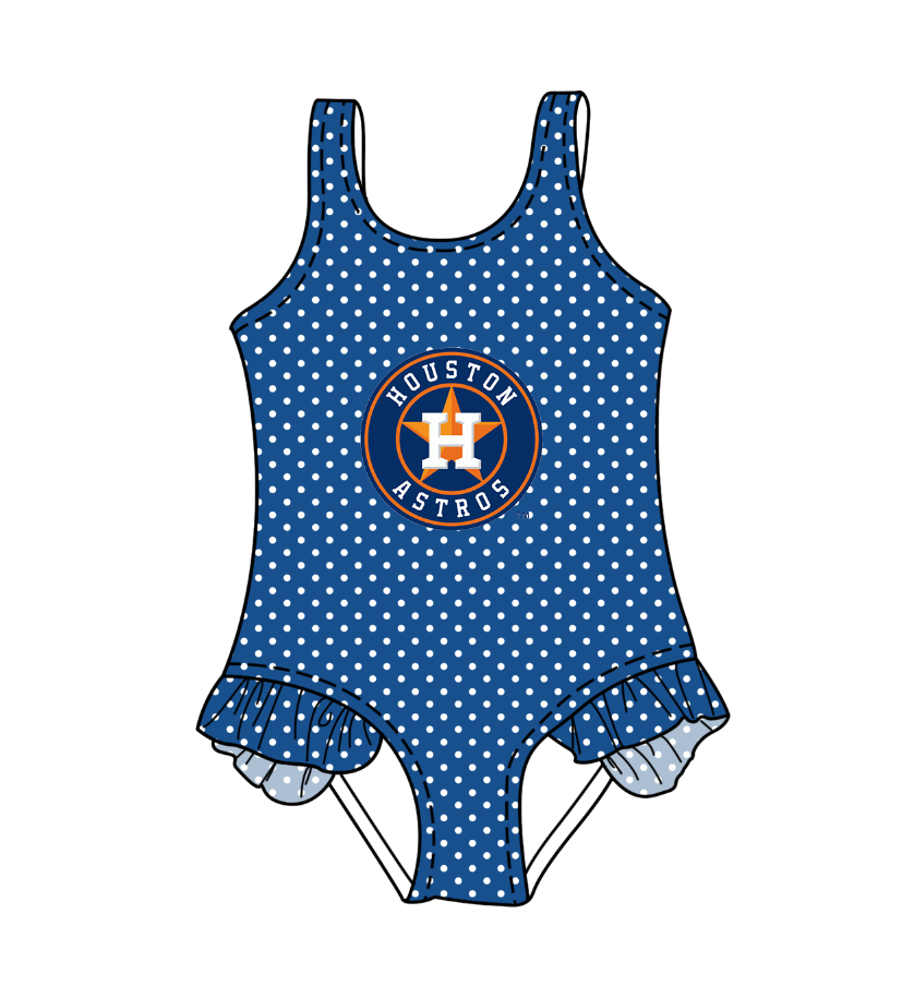 CUSTOM MOQ 5 Cute Comfortable Clothing For Kids Baby Girls Blue H Polka Dots Ruffle Team One Piece Swimsuits
