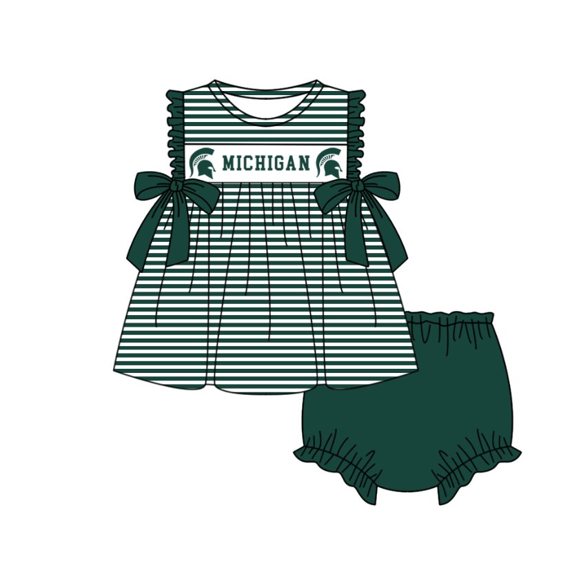 CUSTOM MOQ 5 Sibling Boys Baby Girls Green Stripe Top Ruffles Shorts Clothes Set Knee Length Dress Rompers