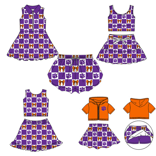 CUSTOM MOQ 5 Sibing Kids Clothing for Girls Baby Girls Purple Bow Top Skirts Yoga Active Team Clothes Sets Knee Length Dress Shorts