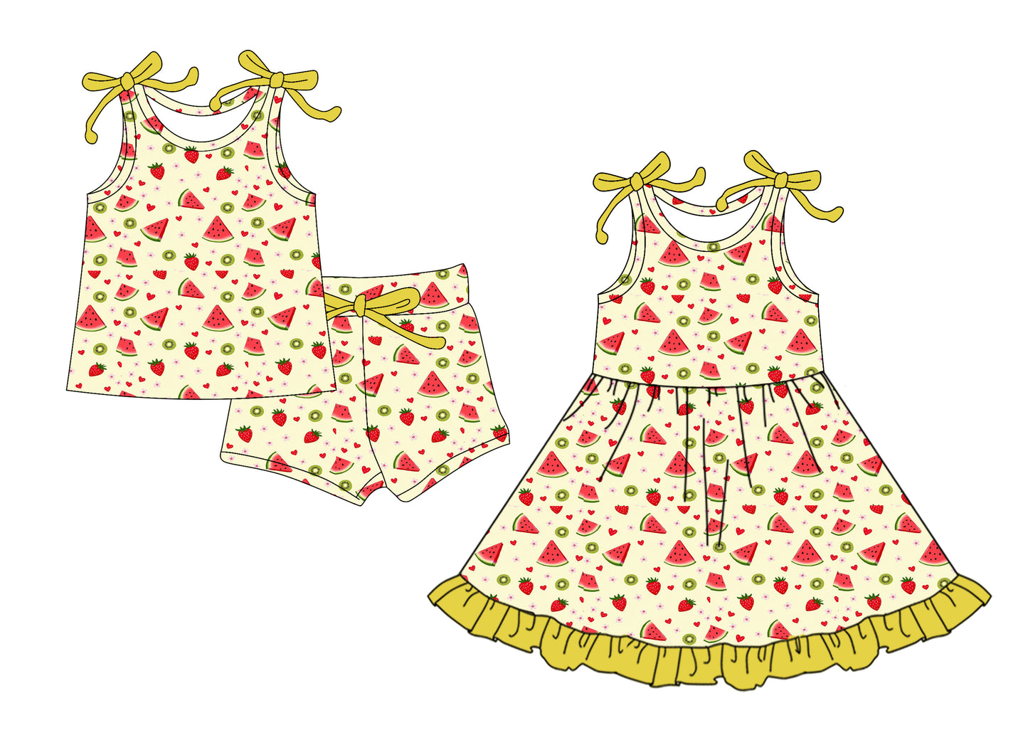 CUSTOM MOQ 5 Sibling Baby Girls Yellow Sleeveless Top Shorts Knee Length Dress Clothes Sets