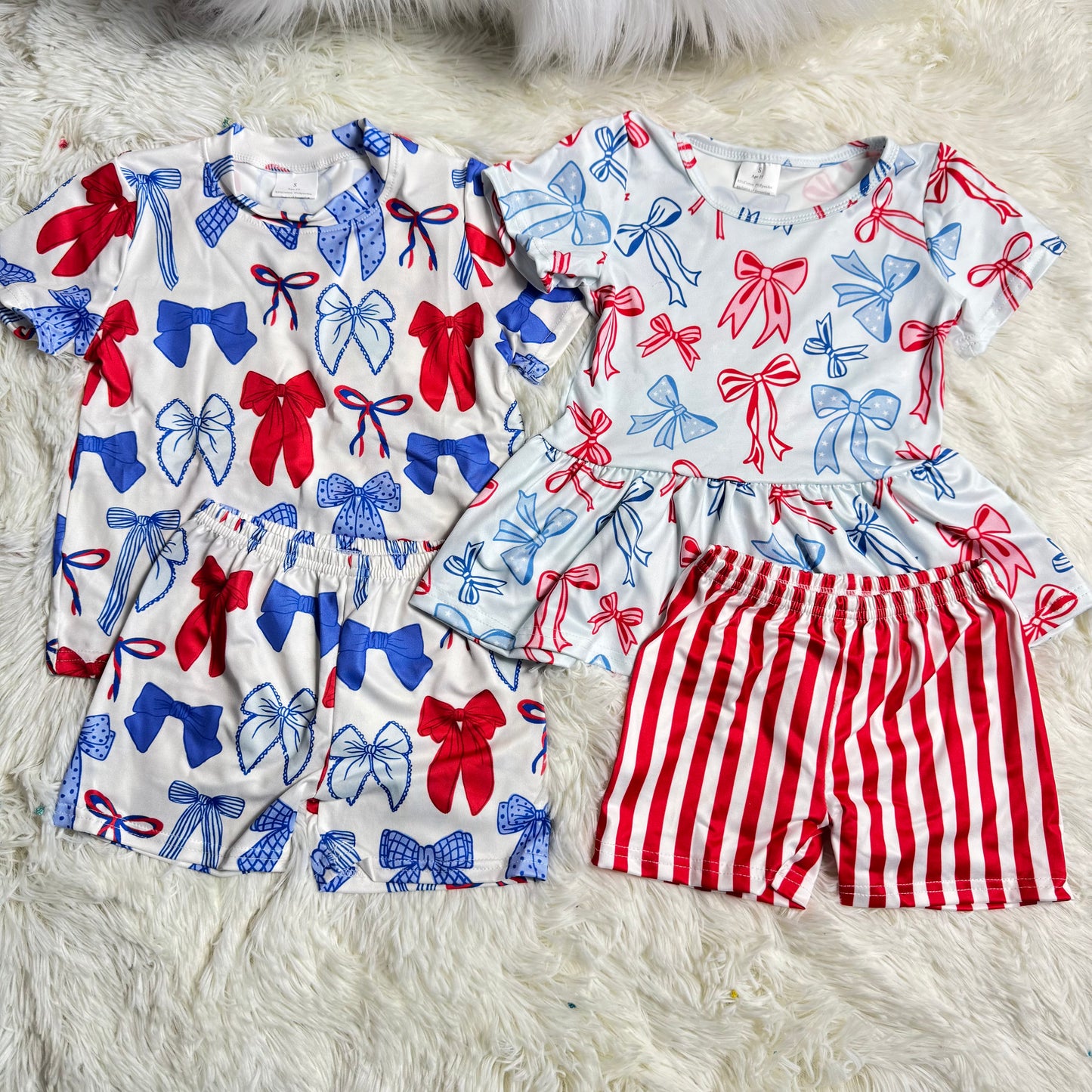 12.23 RST Sibling Baby Girls Red Blue Bows Boots Ruffle Tunic Shorts 4th of July Clothes Sets