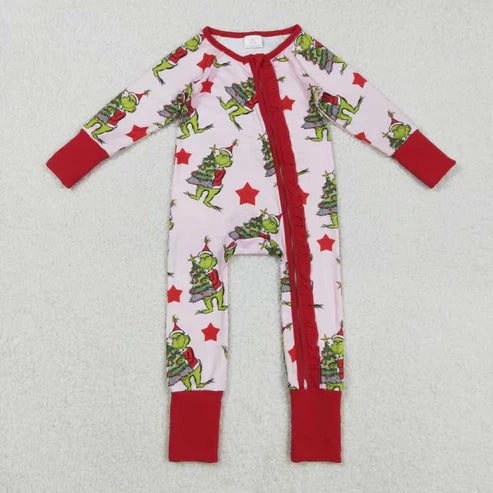 9.23 RTS Sibling Baby Girls Christmas Green Face Stars Pajamas Set Zipper Footie Romper Knee Length Dresses