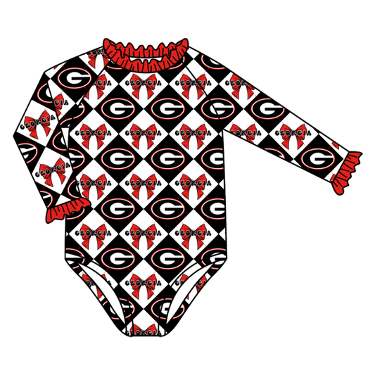 CUSTOM MOQ 5 Baby Girl Clothes Orange Bow Plaid Team Long Sleeve Swimsuits