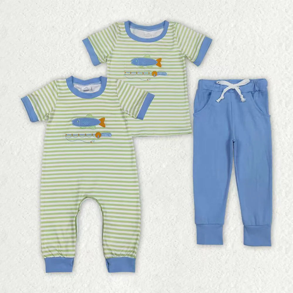 12.5 RTS Sibling Baby Boys Embroidery Fishing Stripe Top Pockets Pant Hunting Clothes Sets Footie Romper