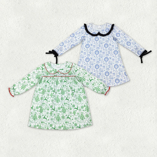 11.7 RST Sibling Baby Girls Long Ruffle Sleeve Snowmen Deer Christmas Knee Length Dresses