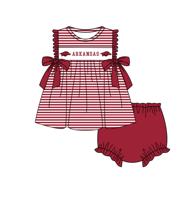 CUSTOM MOQ 5 Sibling Baby Kids Dark Red Stripe Top Ruffles Shorts Clothes Set Knee Length Dress Rompers