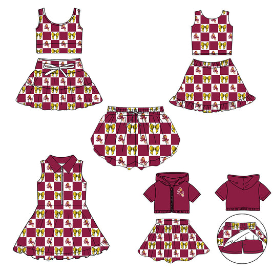 CUSTOM MOQ 5 Sibing Kids Clothing for Girls Baby Girls Dark Red Bow Top Skirts Yoga Active Team Clothes Sets Knee Length Dress Shorts