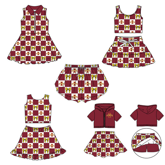 CUSTOM MOQ 5 Sibing Kids Clothing for Girls Baby Girls Dark Red I Bow Top Skirts Yoga Active Team Clothes Sets Knee Length Dress Shorts
