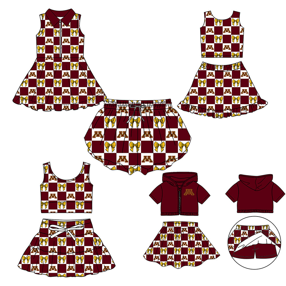CUSTOM MOQ 5 Sibing Kids Clothing for Girls Baby Girls Dark Red M Bow Top Skirts Yoga Active Team Clothes Sets Knee Length Dress Shorts