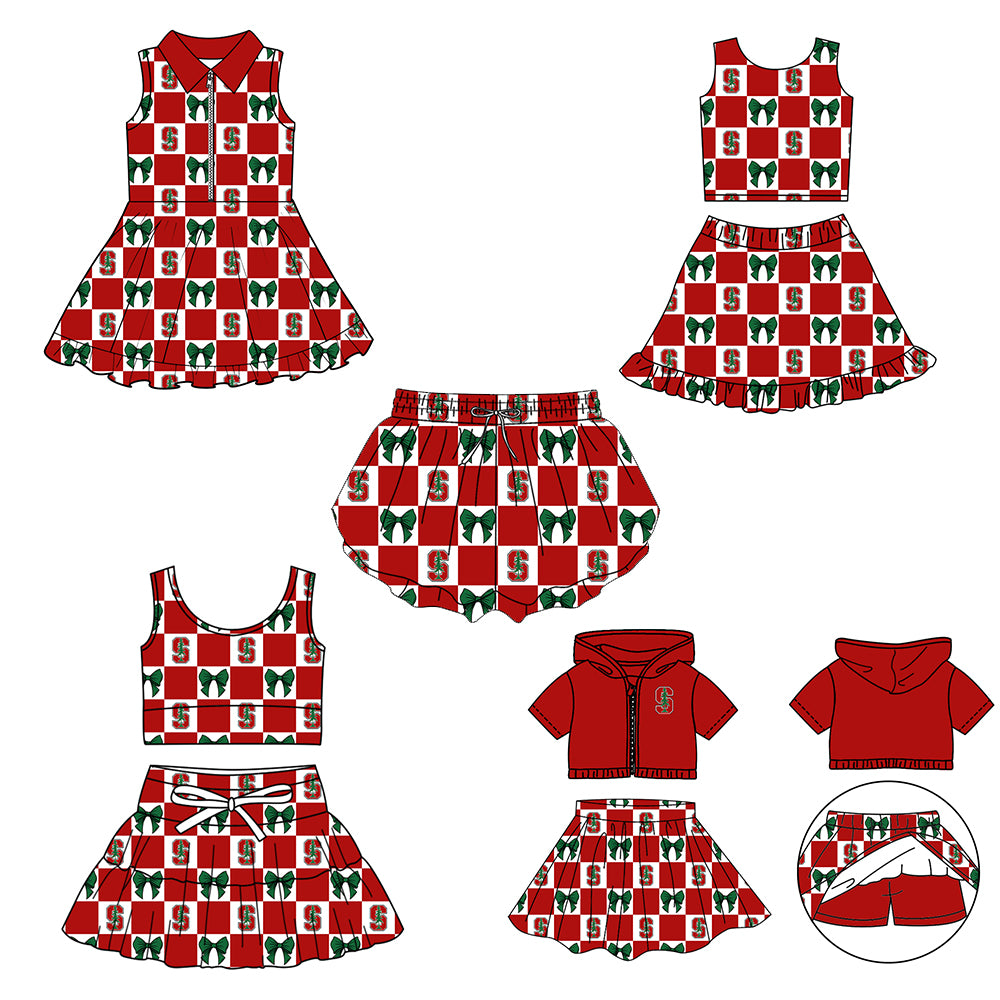 CUSTOM MOQ 5 Sibing Kids Clothing for Girls Baby Girls Red S Bow Top Skirts Yoga Active Team Clothes Sets Knee Length Dress Shorts