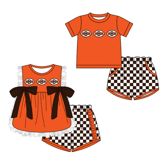CUSTOM MOQ 5 Cute Kids Clothing Sibling Boys Baby Girls Summer Orange Top Black Checked Shorts Team Clothes Sets