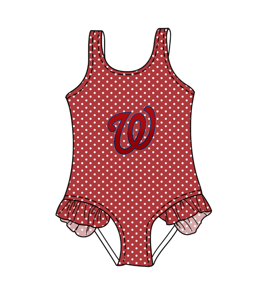 CUSTOM MOQ 5 Cute Comfortable Clothing For Kids Baby Girls Red Polka Dots Ruffle Team One Piece Swimsuits