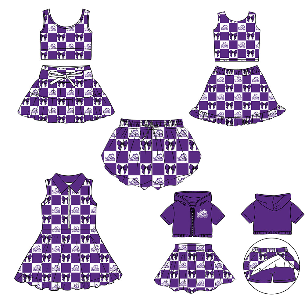 CUSTOM MOQ 5 Sibing Kids Clothing for Girls Baby Girls Purple Bow Top Skirts Yoga Active Team Clothes Sets Knee Length Dress Shorts