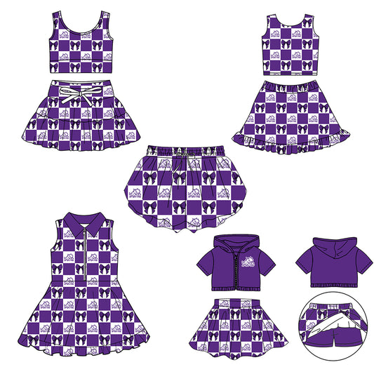 CUSTOM MOQ 5 Sibing Kids Clothing for Girls Baby Girls Purple Bow Top Skirts Yoga Active Team Clothes Sets Knee Length Dress Shorts