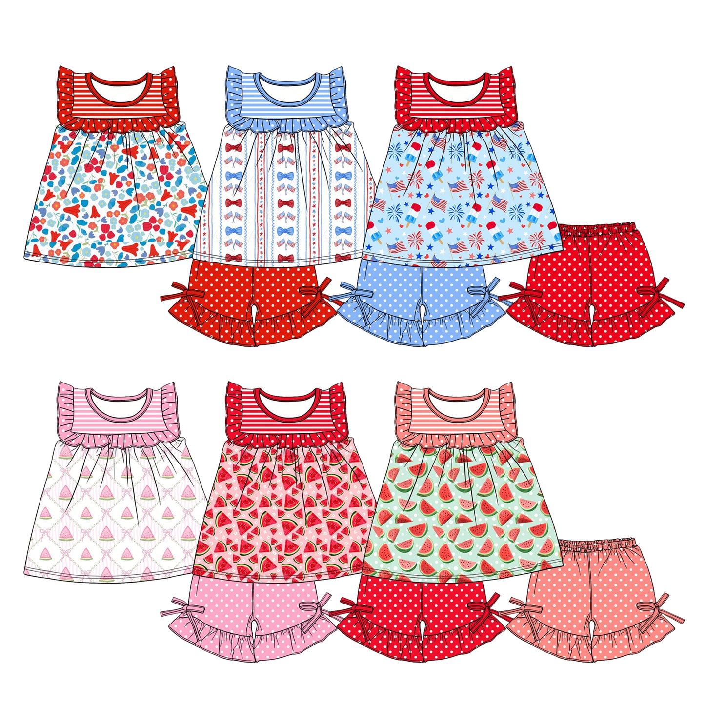 CUSTOM MOQ 5 Sibling Baby Girls Summer Sleeveless Tunic Ruffle Shorts Clothes Sets