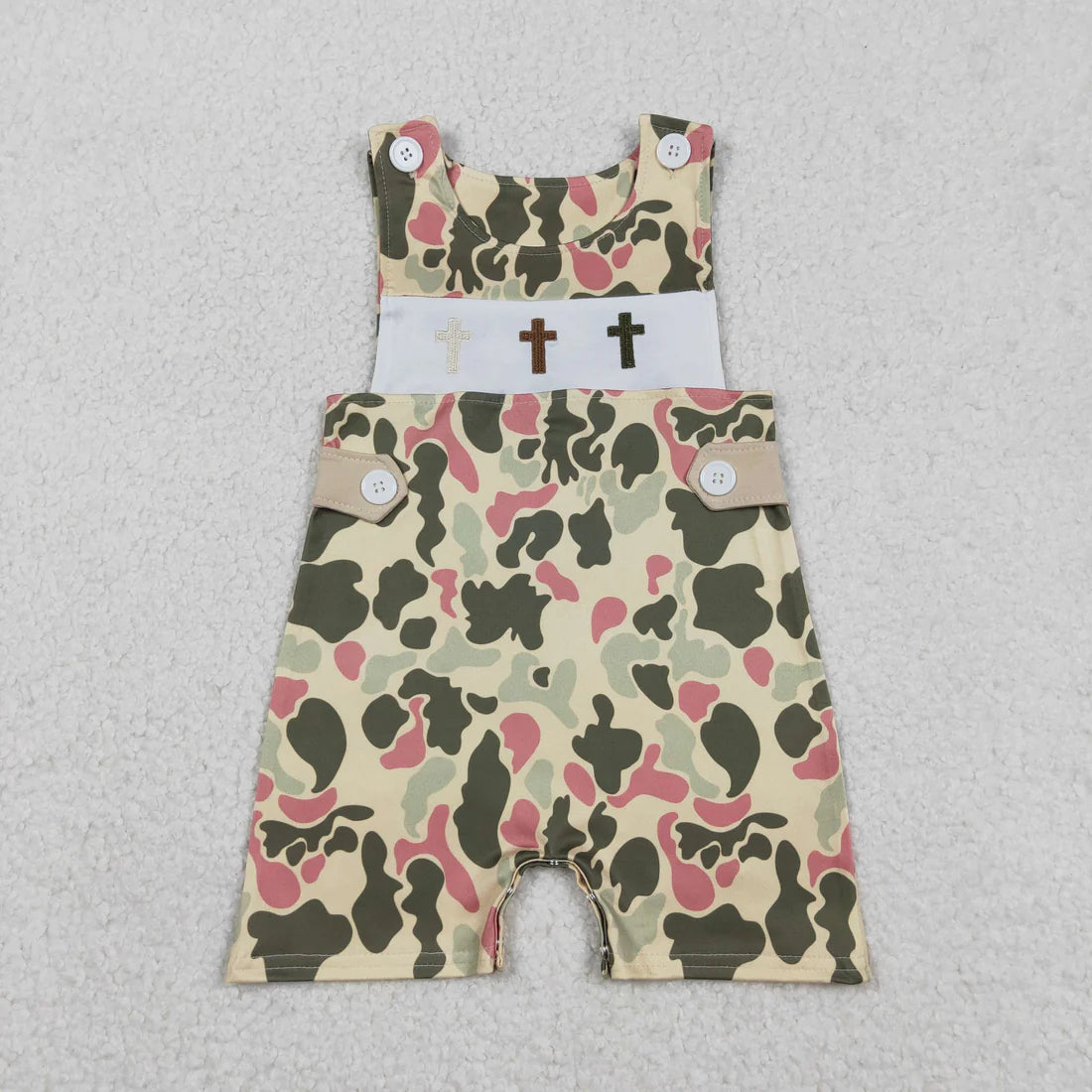 USA Warehouse (IN STOCK) SR3290 Baby Girls Summer Romper Cute Embroidery Crosses Baby Boys Camo Easter Shorts Rompers
