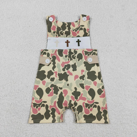 USA Warehouse (IN STOCK) SR3290 Baby Girls Summer Romper Cute Embroidery Crosses Baby Boys Camo Easter Shorts Rompers