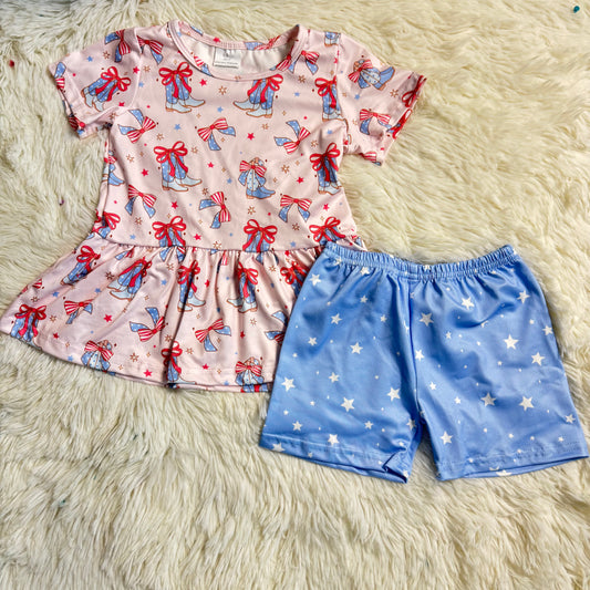 12.27 RST GSSO2837 Baby Girls Bows Boots Stars Tunic Shorts Western July 4th Clothes Sets