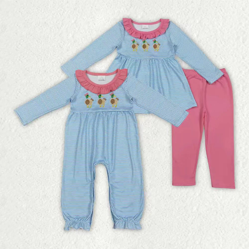 11.27 RTS Sibling Baby Girls Embroidery Bow Ducks Stripes Collar Leggings Clothes Set Footie Rompers