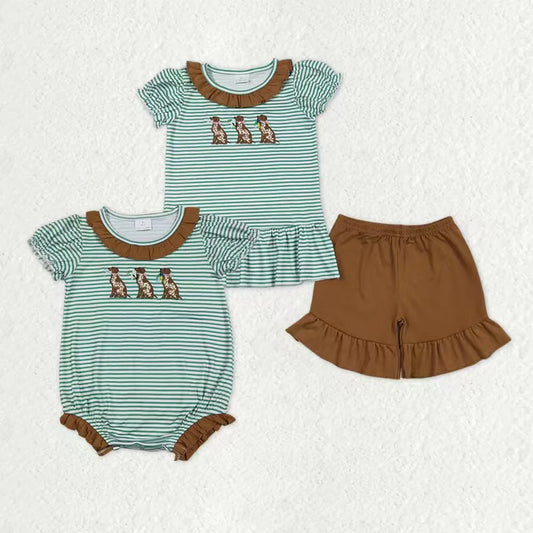 1.6 RTS Sibling Baby Girls Embroidery Duck Dogs Ruffle Shorts Hunting Clothes Sets Rompers