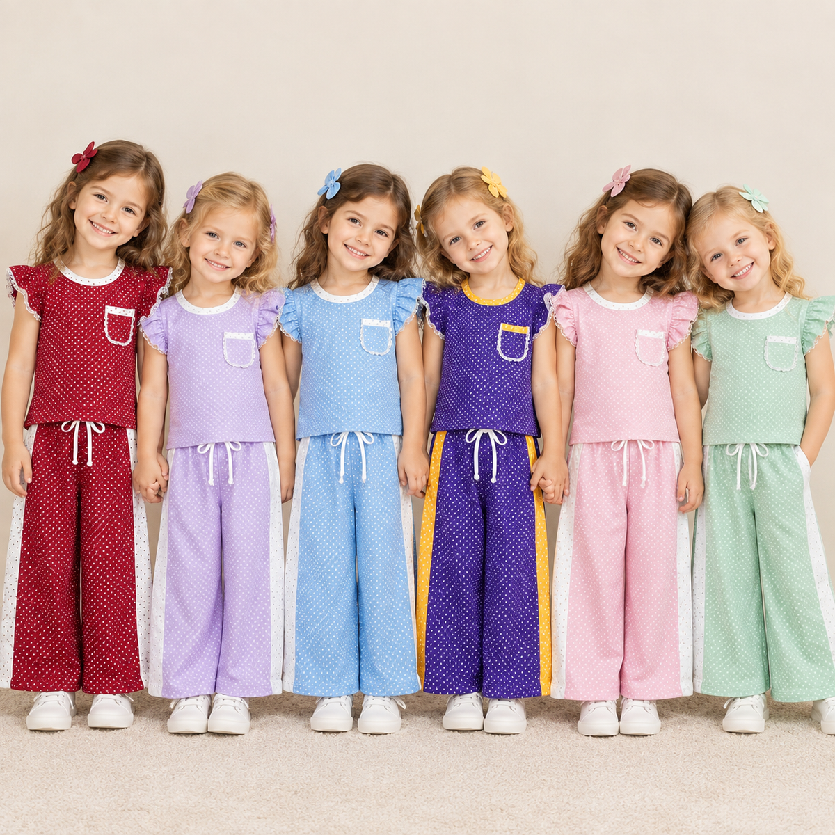 RTS NO MOQ Sibling milk silk Baby Girls Polka Dot Ruffle Sleeve Pocket Top Contrast Side Wide Leg Pants Set