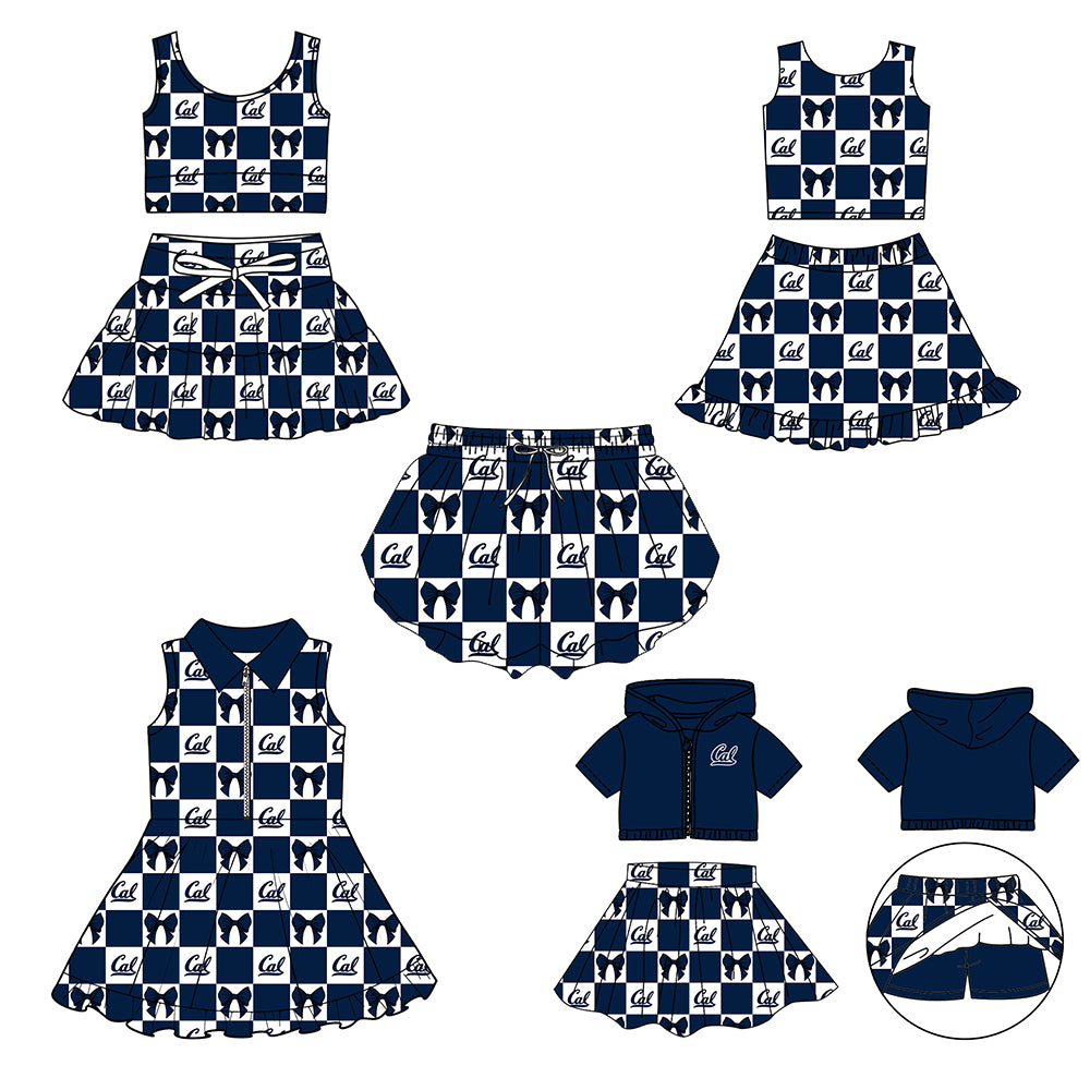 CUSTOM MOQ 5 Sibing Kids Clothing for Girls Baby Girls Dark Blue Bow Top Skirts Yoga Active Team Clothes Sets Knee Length Dress Shorts