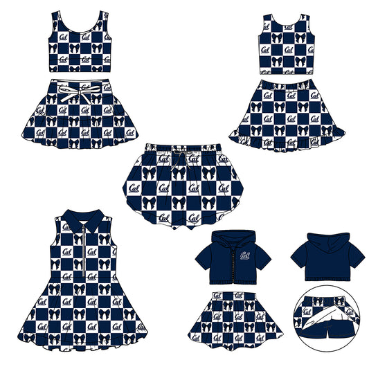 CUSTOM MOQ 5 Sibing Kids Clothing for Girls Baby Girls Dark Blue Bow Top Skirts Yoga Active Team Clothes Sets Knee Length Dress Shorts