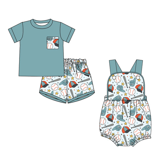 CUSTOM MOQ 5 Sibling Baby Boys Summer Green Baseball Short Sleeve Shorts Rompers Clothes Sets