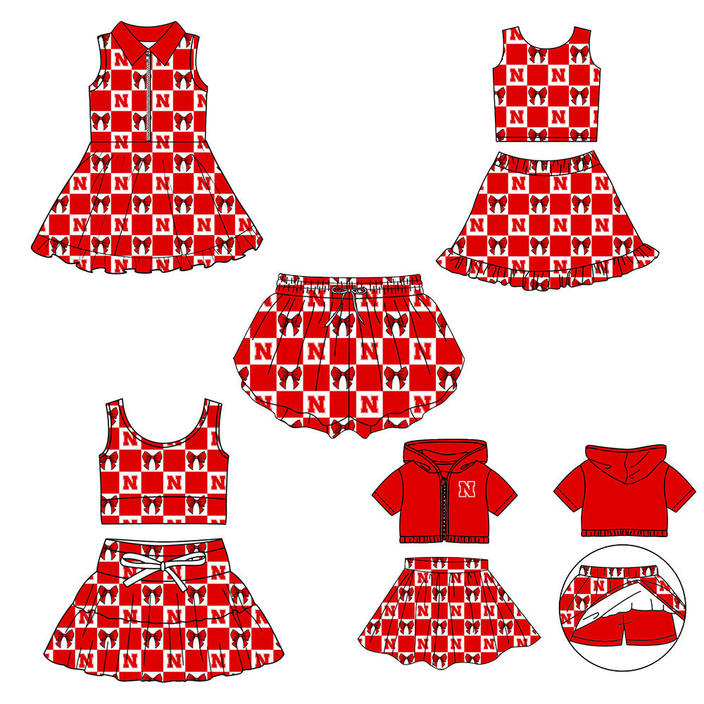 CUSTOM MOQ 5 Sibing Kids Clothing for Girls Baby Girls Red N Bow Top Skirts Yoga Active Team Clothes Sets Knee Length Dress Shorts