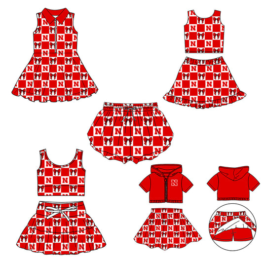 CUSTOM MOQ 5 Sibing Kids Clothing for Girls Baby Girls Red N Bow Top Skirts Yoga Active Team Clothes Sets Knee Length Dress Shorts